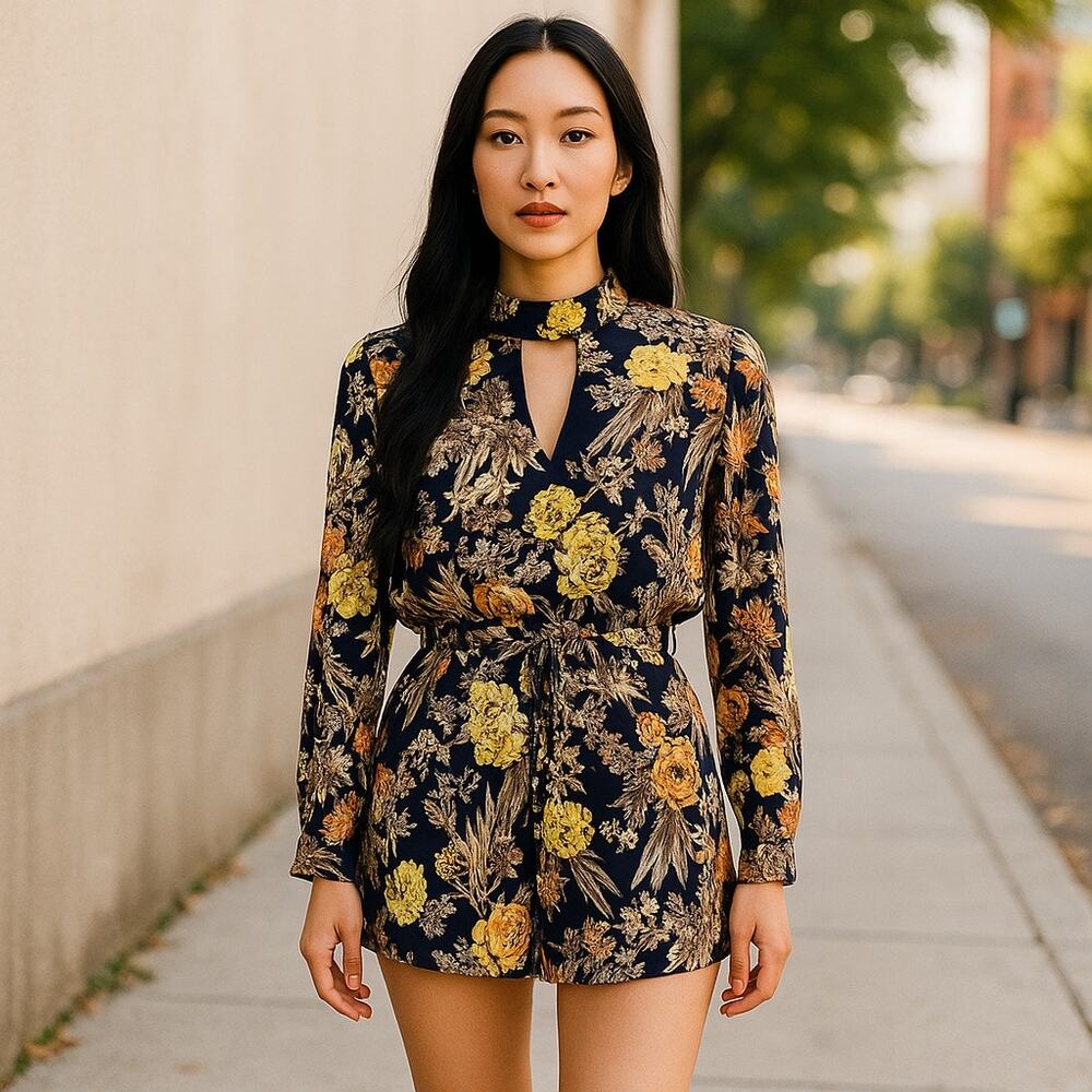 Lucca Womens Romper Sz M Navy Blue Yellow Orange Floral Print Shorts Long Sleeve